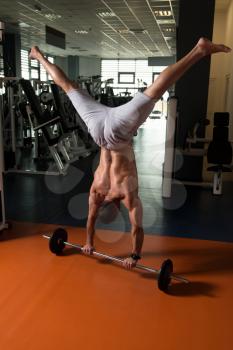 Bodybuilder Doing Handstand Push Ups On Barbell As Part Of Bodybuilding Training In Gym