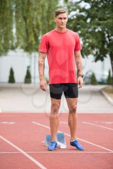 Portrait of Fit and Sporty Young Man Runner in the Park