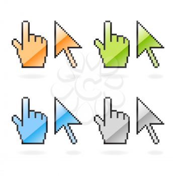 Set glossy colored cursor and hand with shadow on white