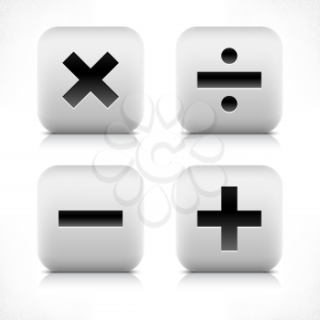 Stone web button calculator icon. Division, minus, plus, multiplication sign. White rounded square shape with black shadow and gray reflection on white background