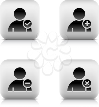 Stone web 2.0 button user profile icon and check mark, plus, minus, delete sign. Satined rounded square shape with black shadow and gray reflection on white background