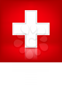 White cross. Medical symbol. Switzerland flag. Satin shape with shadow and reflection on red background