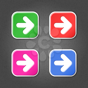 4 colored arrow sign square stickers. Smooth green, red, purple, cobalt internet web button with drop shadow on gray background with noise effect