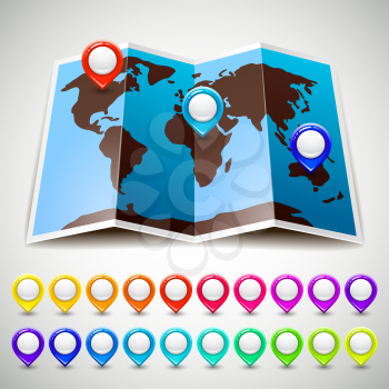 Map world with colorful pin pointers location. Vector illustration 10eps