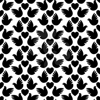 Background with black pigeons and hearts