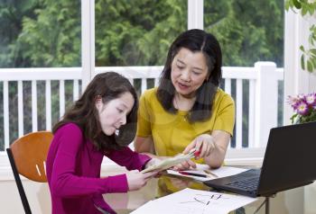 Chinese lady teaching Chinese language to preteen girl at home with green trees in background