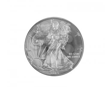 Macro shot of brand new 2013 walking liberty, obverse position, fine silver dollar isolated on white background