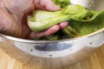 Closeup horizontal photo of male hand washing Chinese Choy vegetable in Stainless Steel bowl on natural bamboo wood