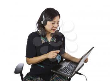 Asian women with headset, laptop and office chair on white background