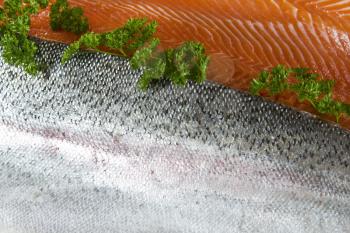 Wild caught trout fillets showing skin and red meat with parsley