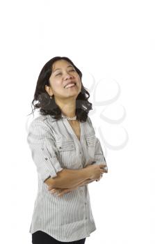 Asian women wearing business causal clothing and laughing on white background