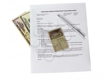 Mortgage modification form with calculator and pen on white background