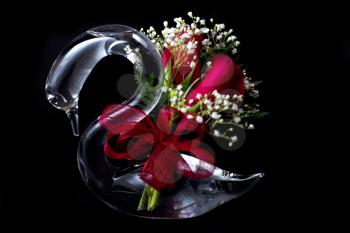 Glass Swan with red roses, small white flowers on black background