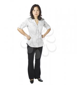 Asian women expressing anger in business causal clothing on white background
