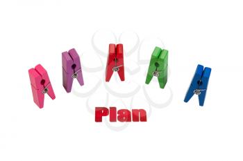 Horizontal photo of large pins, organized as a group, surrounding the word plan isolated on white   