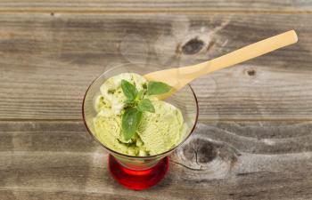 Horizontal photo of green tea ice cream and fresh mint leaf inside of small glass bowl with rustic wood underneath 