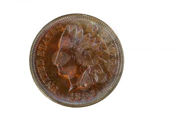 Indian Head Cent in Mint State Condition isolated on white. Coin showing red and brown colors from copper metal aging process.
