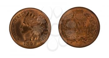 High quality American Indian Head cents, front and back, isolated on white background. Issued by United States mint. 
