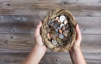 Hands holding nest with savings in coins. Investment concept