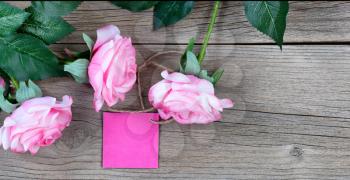 pink roses with gift tag on weathered wooden boards 
