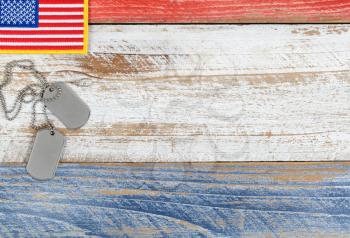 Red, white and blue American flag with ID tags for Memorial Day or Veteran Day background