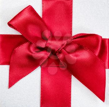 Gift box and red bow background for Valentines Day in flat lay view