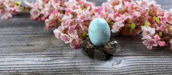 Select focus of a standing egg in nest with light springtime pink cherry blossoms and rustic wood in background