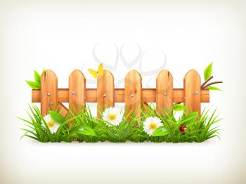Spring grass and wooden fence vector