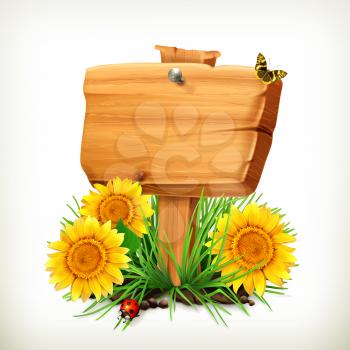 Signboard with sunflowers, ladybug and butterfly on a white background, vector icon, an universal frame for advertising in the summertime