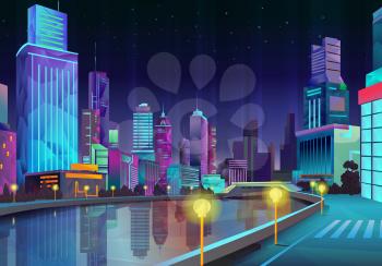 Night city, vector illustration low poly style