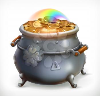 Patrick's Day treasure. Pot of gold coins. 3d vector icon