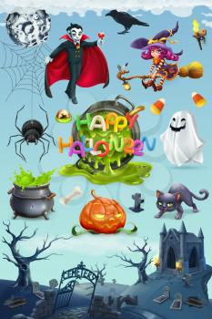 Happy Halloween. Pumpkin, spider, cat, witch, vampire and cemetery landscape, 3d vector icon set