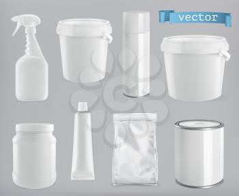Packaging building and sanitary. White plastic, metal and paper pack. 3d realism, vector mockup set
