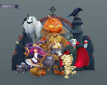 Happy Halloween. Pumpkin scarecrow, witch, mummy, vampire. 3d vector illustration