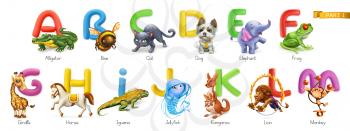 Zoo alphabet. Funny animals, 3d vector icons set. Letters A - M Part 1. Alligator, bee, cat, dog, elephant, frog, giraffe, horse, iguana, jellyfish, kangaroo, lion, monkey.