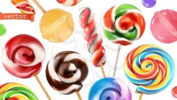 Swirl candy, lollipop. 3d realistic vector icon set