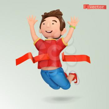 Winner at the finish line. Champion with a red ribbon at sport competitions. People and sports theme, 3d vector icon