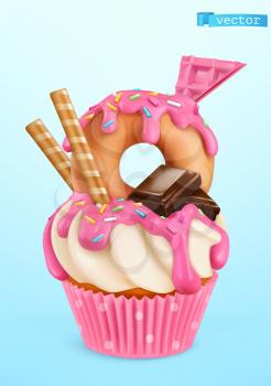 Donut cupcake. 3d realistic vector object. Food icon