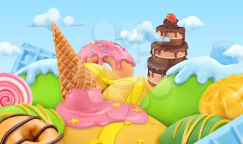 Sweet candy landscape. 3d cartoon vector background