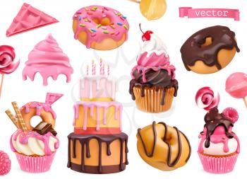 Sweets 3d vector realistic objects. Cupcakes, cake, donuts, candy. Food icons