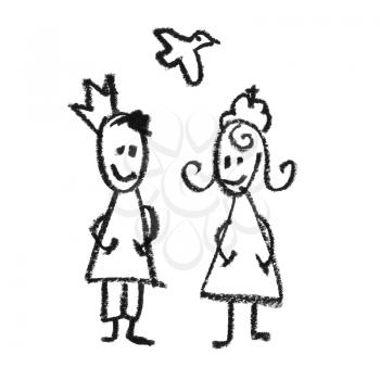 King and queen with flying dove doodles drawing. 