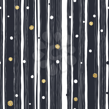 Abstract Hand Drawn Seamless Pattern with Black and White Lines and Golden Dots. Vector Template for Packaging Designs and Invitation Cards Decoration etc