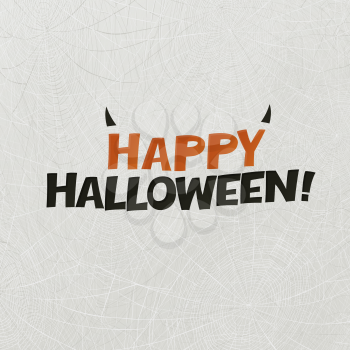 Happy Halloween logotype with horns. Holidays postcard. Spider web vector illustration. Abstract Halloween background.