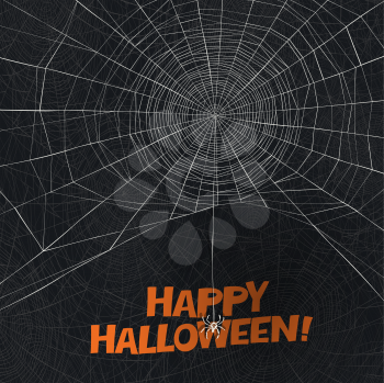 Halloween holiday card design. Spider says Happy Halloween. Spider web vector background. 
