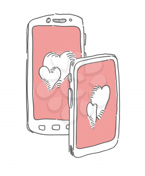 Two hearts on screen of device. Valentines day vector illustration. Relationship theme vector 