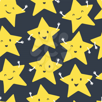 Yellow smiling stars. Cartoon style vector seamless dark blue background.