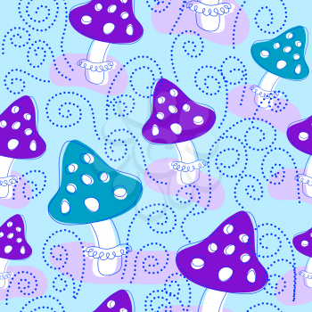 Seamless pattern with bright cute amanita mushrooms