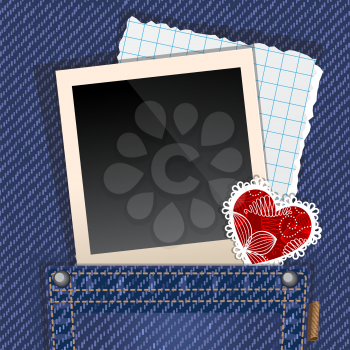 Jeans pocket with photo, blank paper and small valentine. Scrapbooking frame