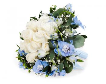 colorful floral bouquet from white roses and delphinium isolated on white background