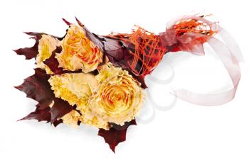 colorful autumn flower bouquet  from yellow roses and maple leaves isolated on white background